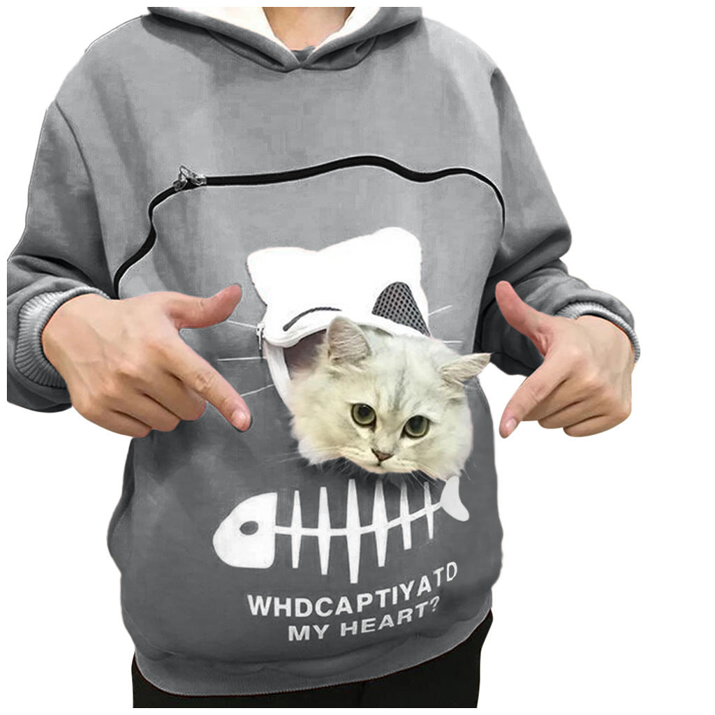 Women Hoodie Sweatshirt With Cat Pet Pocket Design Long Sleeve Sweater Cat Outfit - Homreo