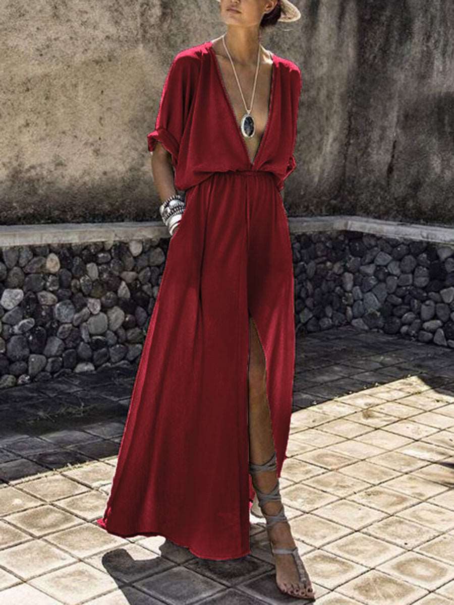 Color: Wine red, Size: XL - deep V split fork dress long dress - Homreo