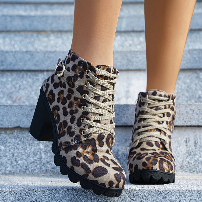 Fashoin Leopard Print Ankle Boots Winter Square Heel Suede Lace-up Zip Boots Women Casual Versatile Shoes Autumn And Winter