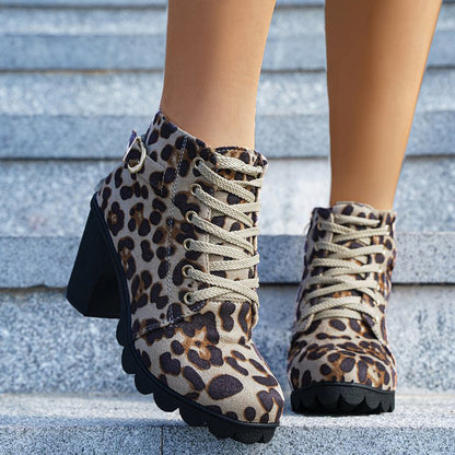 Fashoin Leopard Print Ankle Boots Winter Square Heel Suede Lace-up Zip Boots Women Casual Versatile Shoes Autumn And Winter