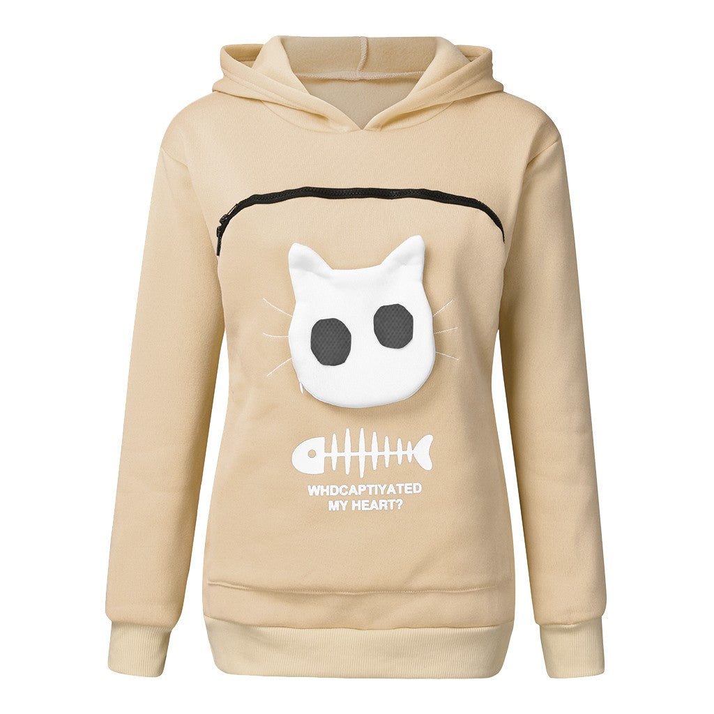 Women Hoodie Sweatshirt With Cat Pet Pocket Design Long Sleeve Sweater Cat Outfit - Homreo