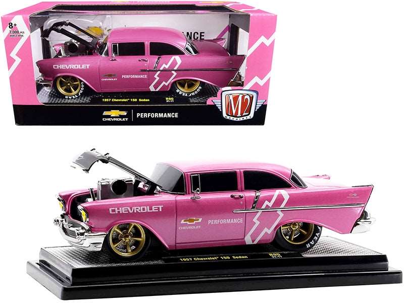 1957 Chevrolet 150 Sedan Medium Pink Pearl with Black Hood and Graphics Limited Edition to 7000 pieces Worldwide 1/24 Diecast Model Car by M2 Machines - Homreo
