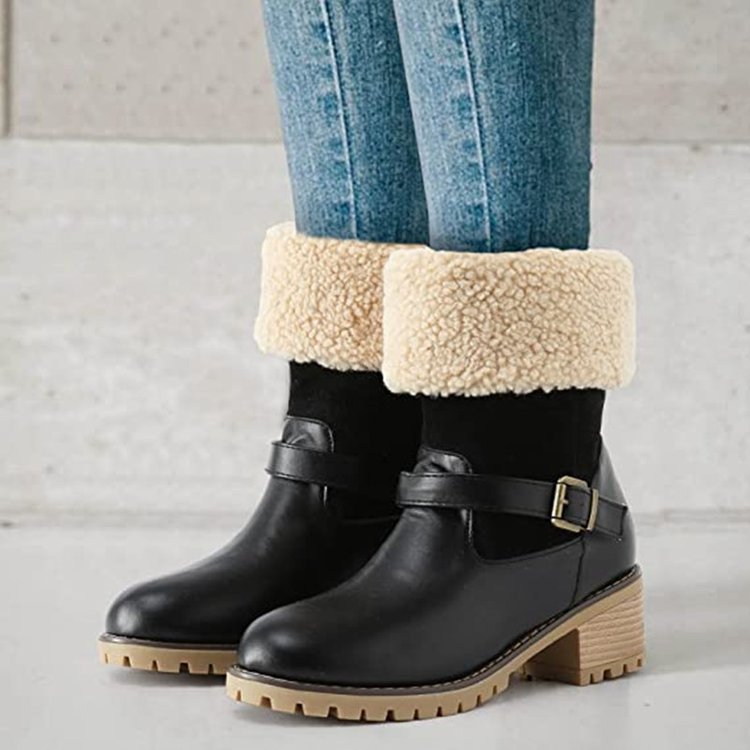 Fashion Boots With Buckle Chunky Heel Shoes Warm Winter Round Toe Western Boots For Women - Homreo