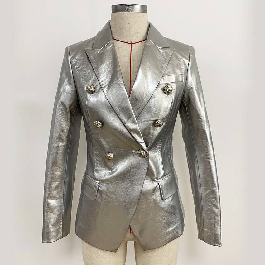 Double-breasted Shiny Silver Synthetic Leather Slim Suit Jacket - Homreo