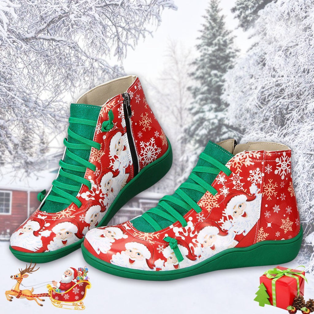 Christmas Ankle Boots Women Santa Claus Snowflake Print Flats Shoes Casual Slip-on Side Zipper Design Short Boot