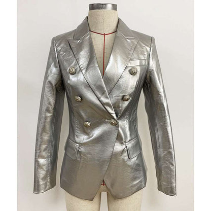 Double-breasted Shiny Silver Synthetic Leather Slim Suit Jacket - Homreo