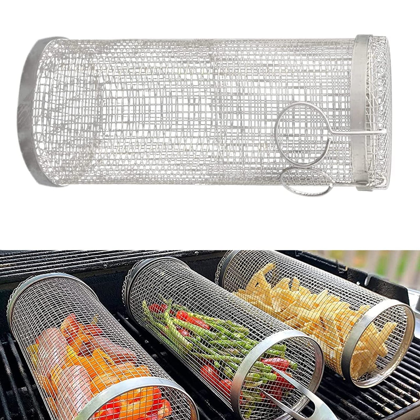 Rolling Grilling Basket Metal BBQ Barbecue Basket Net Portable Outdoor Camping Barbecue Rack Kitchen Gadgets - Homreo