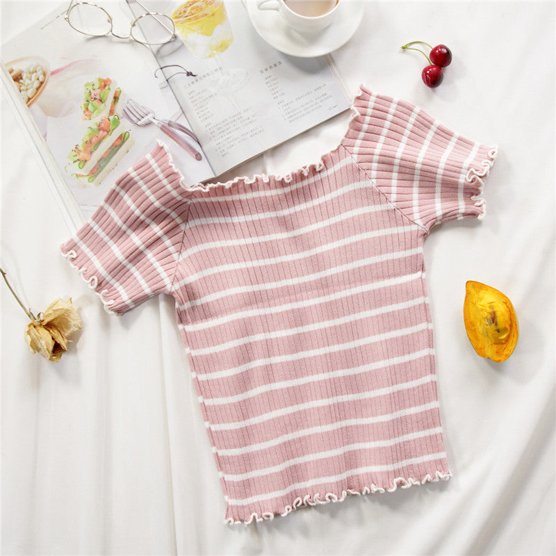 Women T-Shirts Knitting Stripes Off Shoulder Flounce Hem Tees - Homreo