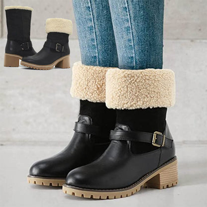 Fashion Boots With Buckle Chunky Heel Shoes Warm Winter Round Toe Western Boots For Women - Homreo