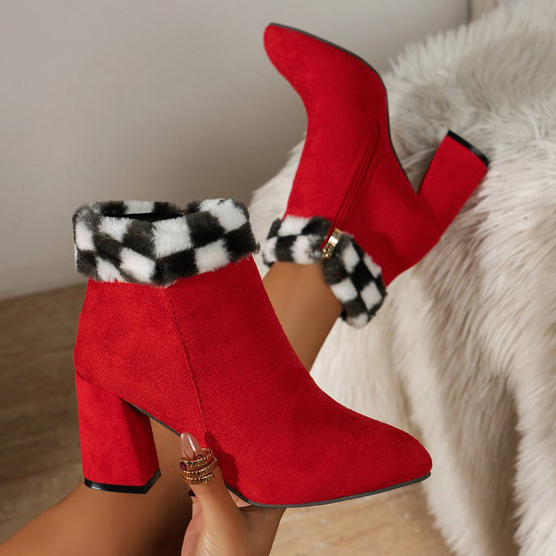 New Plaid Print Plush Ankle Boots Winter Fashoin Square Heel Suede Boots Women Casual Versatile Shoes Autumn And Winter
