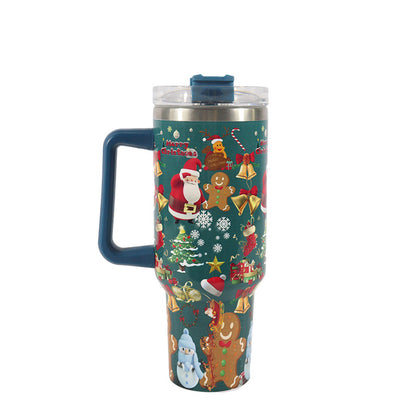 New Christmas Pattern Mug With Handle Lid Straw Drinkware Stainless Steel Vacuum Tumbler Large Capacity Car Travel Coffee Cup