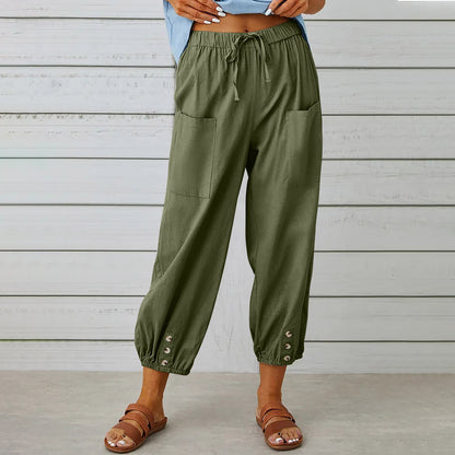 Women Drawstring Tie Pants Spring Summer Cotton And Linen Trousers With Pockets Button - Homreo
