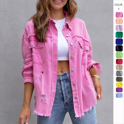 Fashion Ripped Shirt Jacket Female Autumn And Spring Casual Tops Womens Clothing - Homreo