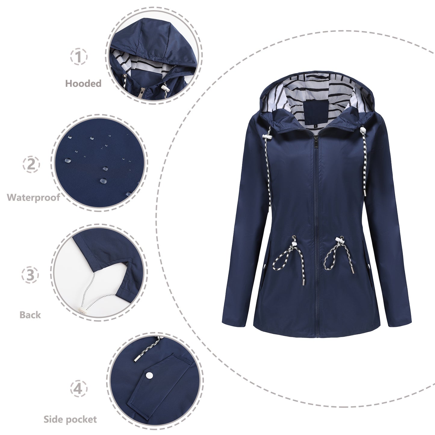 Long Sleeved Splashproof Mid Length Windbreaker For Women's Hooded Raincoat - Homreo