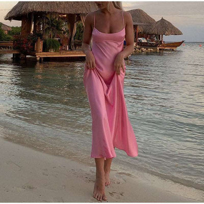 Camis Satin Long Dresses Elegant Sleeveless Slip Holiday Party Dress Sexy Casual Backless Summer Dress