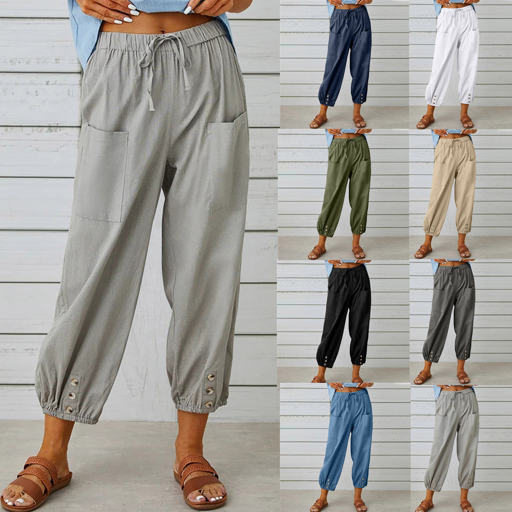 Women Drawstring Tie Pants Spring Summer Cotton And Linen Trousers With Pockets Button - Homreo