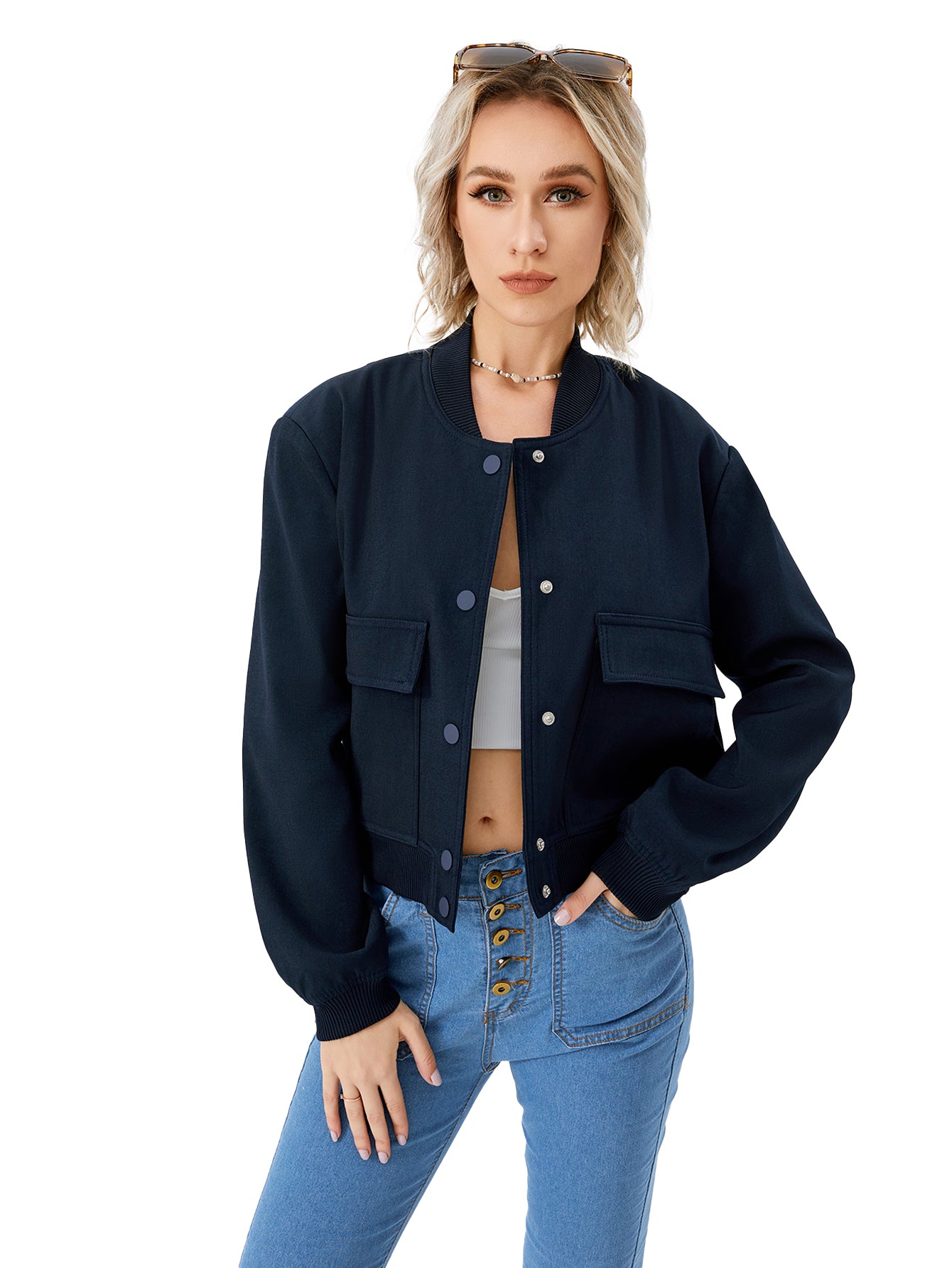 Women's Lightweight Cropped Bomber Jacket Casual Long Sleeve Varsity Jacket With Pocket Fashion Y2k Jacket Streetwear