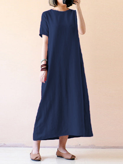 Celmia Women Vintage Short Sleeve Cotton Loose Maxi Dress - Homreo