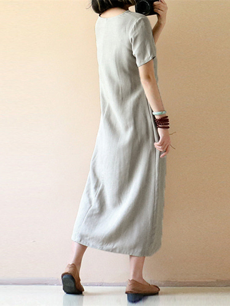 Celmia Women Vintage Short Sleeve Cotton Loose Maxi Dress - Homreo