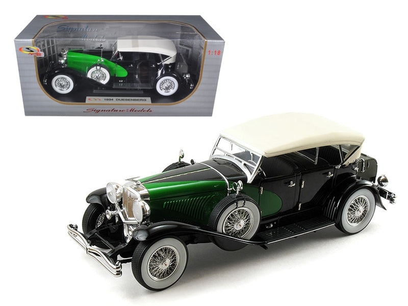 1934 Duesenberg Model J Black and Green with Cream Top 1/18 Diecast Model Car by Signature Models - Homreo