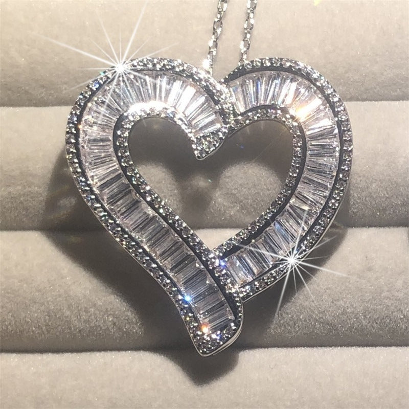 Luxury Heart Shaped White Full Faux Diamond Zircon Women's Pendant Necklace; Romantic Gift Valentine's Day