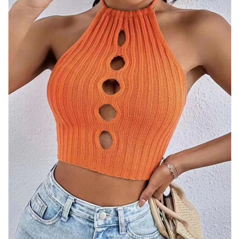 Women Halter Tank Tops Multi-color Sexy Hollow-out Slim Fit Tops Sleeveless Solid Color Knitted Shirt orange One size - Homreo