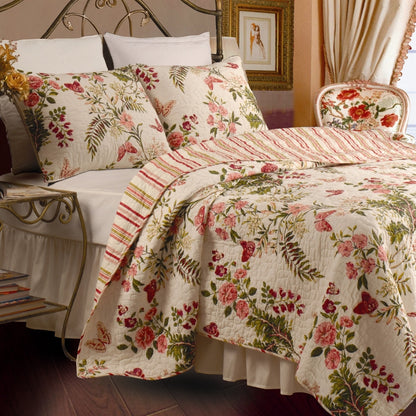 Full / Queen size Piece 100% Cotton Quilt Set Crimson Clover Floral - Homreo