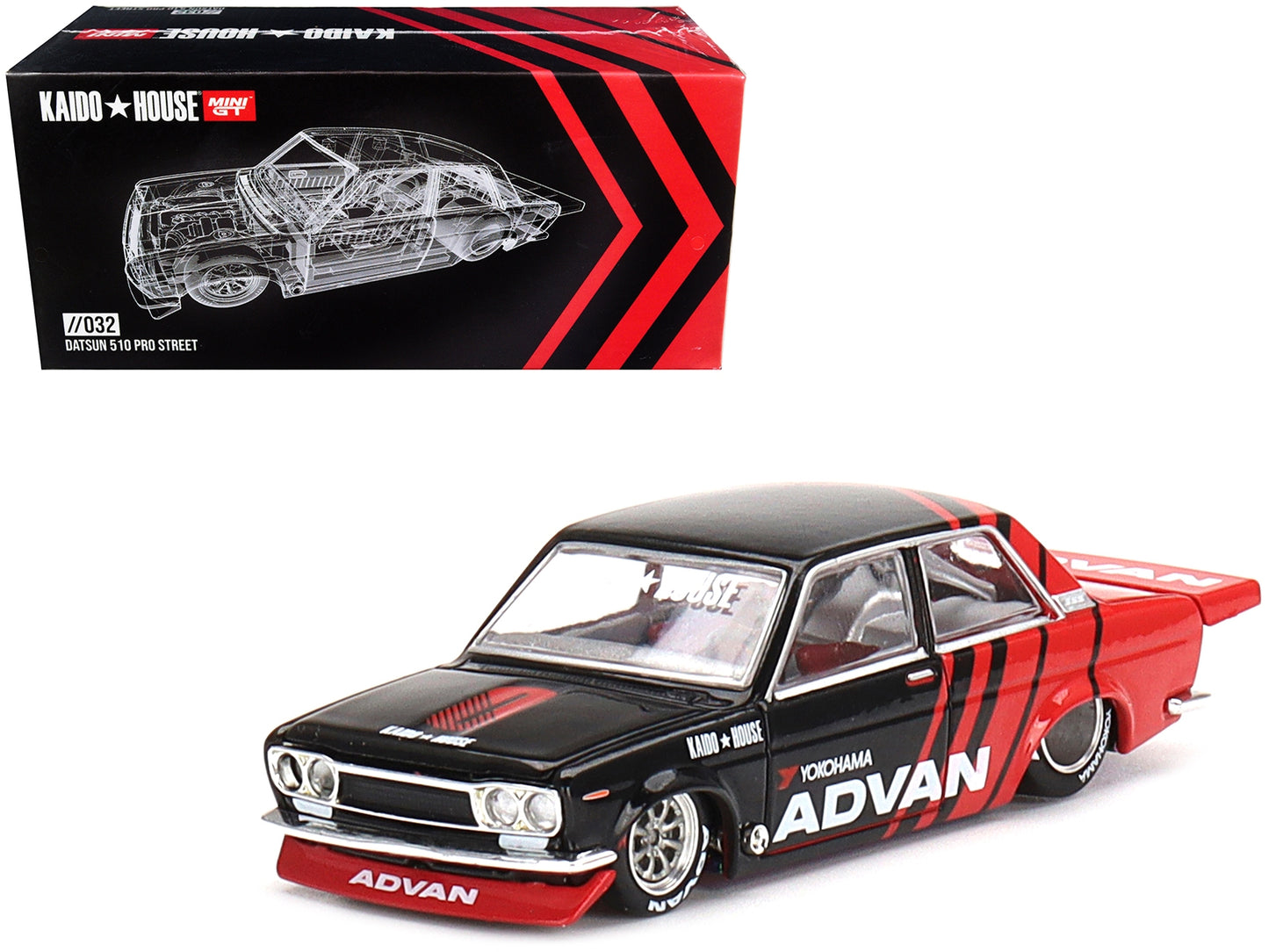 Datsun 510 Pro Street "ADVAN" Black and Red (Designed by Jun Imai) "Kaido House" Special 1/64 Diecast Model Car by True Scale Miniatures - Homreo