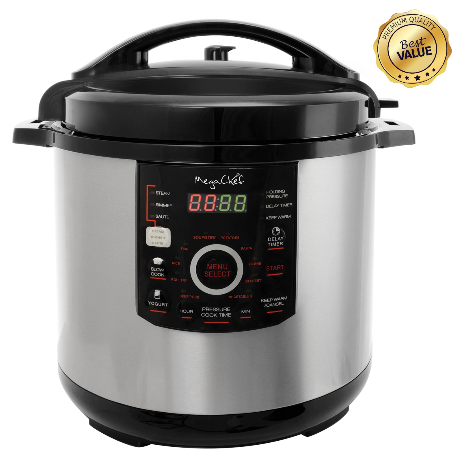 Megachef 12 Quart Steel Digital Pressure Cooker with 15 Presets and Glass Lid - Homreo