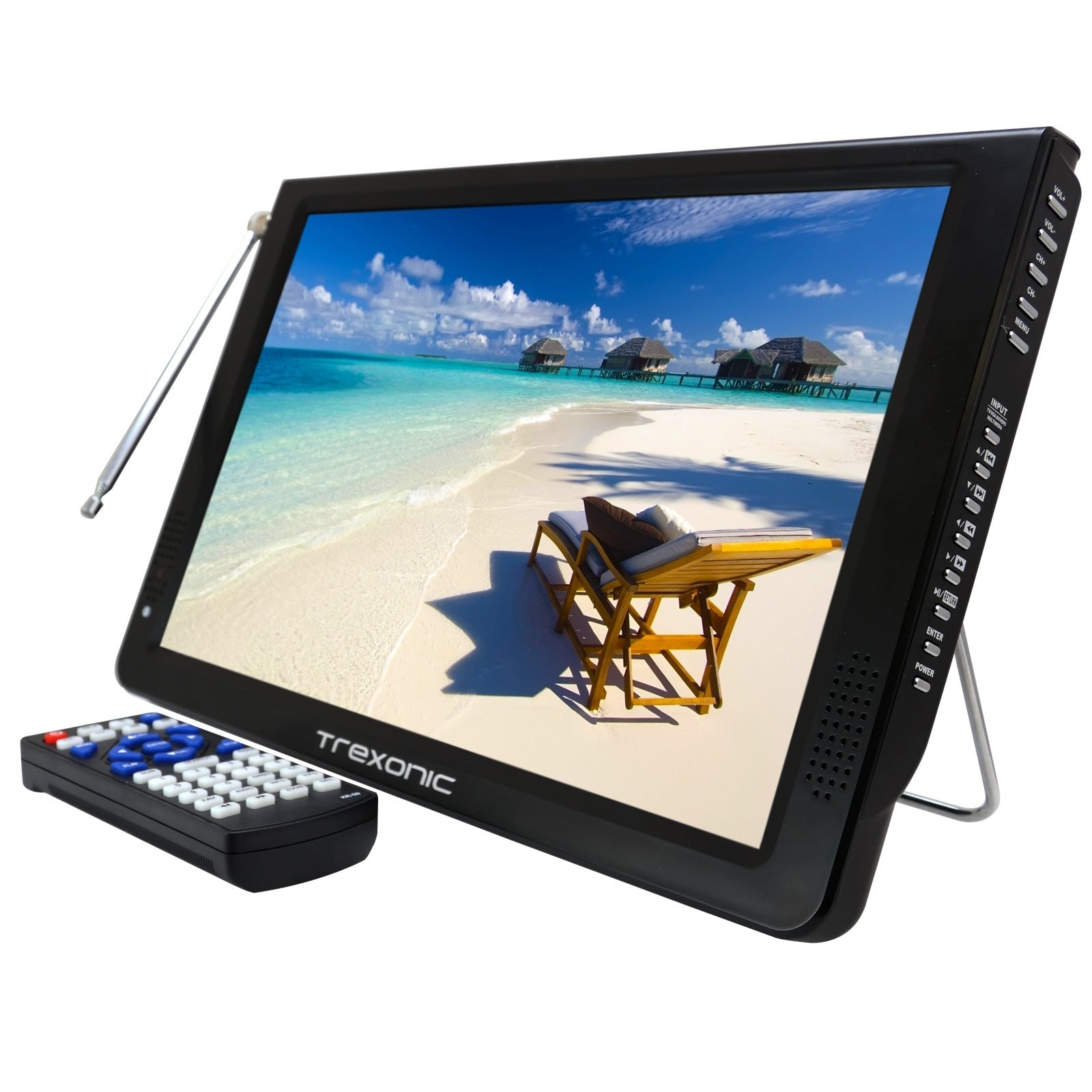 Trexonic Ultra Lightweight Rechargeable Widescreen 12" LED Portable TV with HDMI, SD, MMC, USB, VGA, Headphone Jack, AV Inputs and Output and Built-in Digital Tuner and Detachable Antenna - Homreo